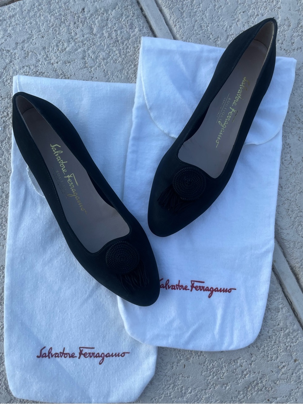 Salvatore Ferragamo Black Suede Tassel Pointed Flats